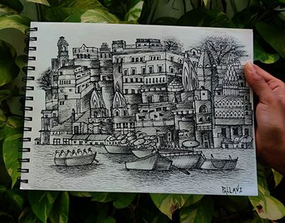 Ganga Ghat, Varanasi, Architecture Drawing, Sketch, Architecture, Drawings