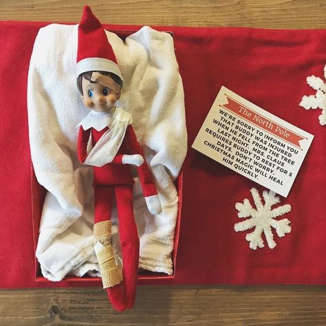 Injured elf idea Nursing Home Elf On The Shelf, Elf On The Shelf Hiding Ideas, Injured Elf On The Shelf, Hiding Elf On The Shelf Ideas, Hurt Elf On The Shelf Ideas, Elf Hiding Spots, Elf Hiding Ideas, Elves Ideas, Elf Is Back Ideas