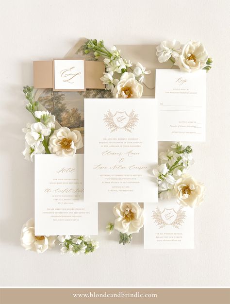 Immerse yourself in the world of Blonde & Brindle Design Co.’s 'Elegant Neutral Wedding Invitations'. Experience the allure of our wedding crest invitations, meticulously crafted with a neutral palette to reflect sophistication and elegance. These bespoke stationery items are not merely invitations; they are a testament to your love story, beautifully preserved through our exquisite designs. #weddingcrest #elegantweddinginvitations #neutralweddinginvitations Neutral Wedding Invitations, Elegant Neutral Wedding, Bespoke Stationery, Crest Invitation, Timeless Wedding Invitations, Tan Wedding, Wedding Crest, Glitter Wedding Invitations, Classic Wedding Invitations