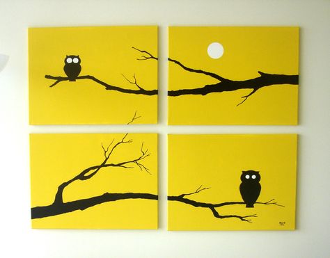 Owl Silhouette, Owl Canvas, Silhouette Painting, Animal Silhouette, Tableau Art, Owl Painting, Yellow Art, Wow Art, Owl Art