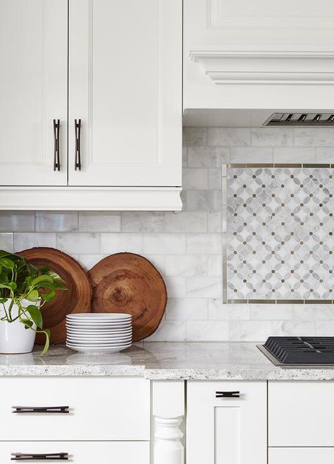 Kitchen Backsplash Behind Stove, Backsplash Behind Stove, White Beveled Subway Tile, Stove Decor, White Wood Paneling, Kitchen Cooktop, Subway Backsplash, Kitchen Countertop Decor, Countertop Decor