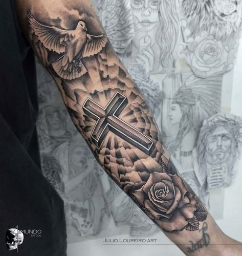 Religious Tattoos For Men, Christus Tattoo, Cloud Tattoo Sleeve, Religion Tattoos, Forearm Cover Up Tattoos, Scroll Tattoos, Justice Tattoo, Half Sleeve Tattoos Forearm, Heaven Tattoos