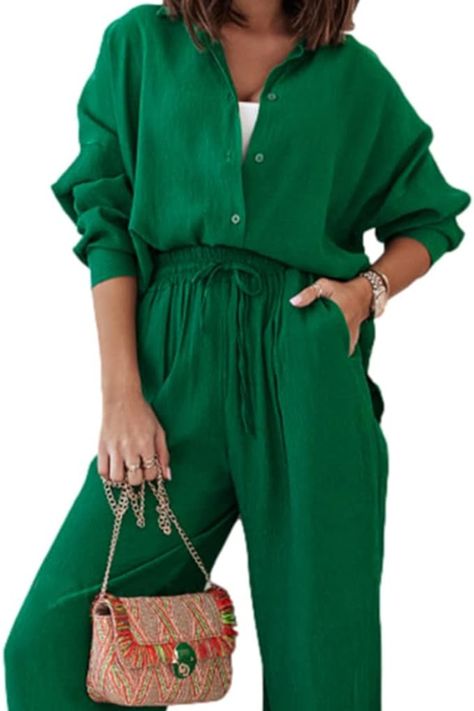 Material: The women leisure suit set is made of polyester, soft and breathable, pleasantly cool, light in weight, comfortable to wear. Design: Two piece linen casual set for women, solid color, long sleeve button down front lapel shirt blouse top, high waist elastic palazzo long pants trousers set, 2pcs women leisure suit streetwear, fashion and stylish! Cotton Fastening: Button Collar Style: button down Casual Suit Streetwear, Linen Outfits, Leisure Suit, Linen Casual, Shirt Blouses Tops, Suit Set, Casual Sets, Shirt And Pants, Linen Clothes