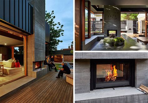 At a home in Melbourne, Australia, this fireplace can be used within the home and in the entertaining area outside. Fireplace Indoor Outdoor, Double Sided Electric Fireplace, Fireplace Indoor, Outdoor Wood Fireplace, Cabin Fireplace, Indoor Outdoor Fireplaces, Exterior Fireplace, Black Fireplace, Shiplap Fireplace