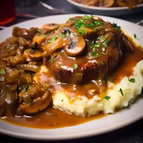 Salisbury Steak with Mashed Potatoes and Mushroom Gravy - Life with Susan Salsberry Steak With Mushroom Gravy, Steak With Mashed Potatoes, Steak With Mushroom Gravy, Steak And Mushrooms, With Mashed Potatoes, Garlic Mashed Potatoes, Mushroom Gravy, Salisbury Steak, Mushroom Sauce