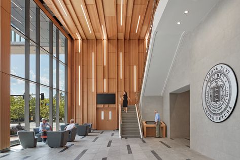 Malden City Hall | Flansburgh Architects Municipal Hall, Building Lobby, Acoustic Ceiling Panels, Entrance Lobby, Hall Interior Design, Funny Office, Hall Interior, Acoustic Wall Panels, Lobby Design