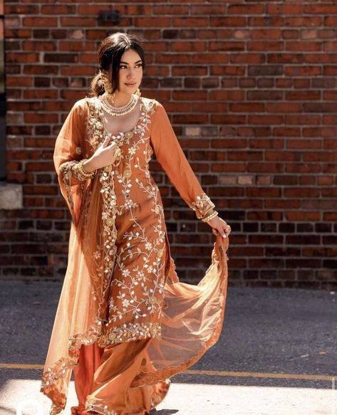 Orange Suit Indian, Punjabi Sharara Suits Party Wear, Orange Indian Suit, Orange Suits Punjabi, Brown Punjabi Suit, Pajami Suits Punjabi, Goa Accessories, Modern Punjabi Outfits, Orange Punjabi Suit