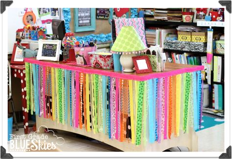 #Create2Educate by Michaels Teacher Desk Makeover, Horseshoe Table, Rainbow Theme Classroom, Monster Classroom, Colorful Classroom, Classroom Desk, Rainbow Classroom, Classroom Makeover, Ribbon Skirt