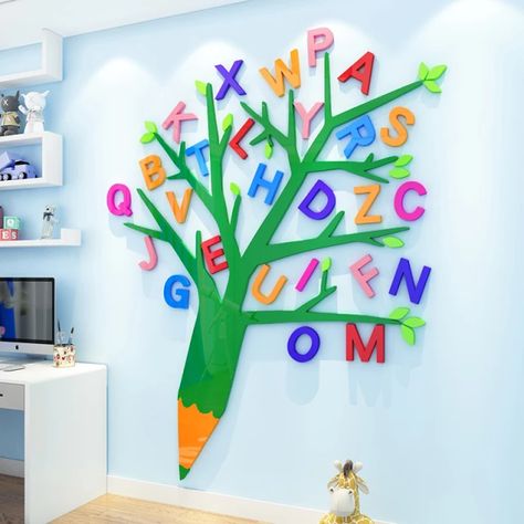 3D Letters Tree Wall Sticker Decorative Children Room Kindergarten DIY Cartoon Wall Stickers Decals Wallpaper S/M/L Kids Gift _ - AliExpress Mobile Kindergarten Corridor, Nursery Class Decoration, School Wall Decoration, Room Kindergarten, Kindergarten Decorations, Preschool Decor, Preschool Classroom Decor, School Wall Art, Tree Wall Stickers