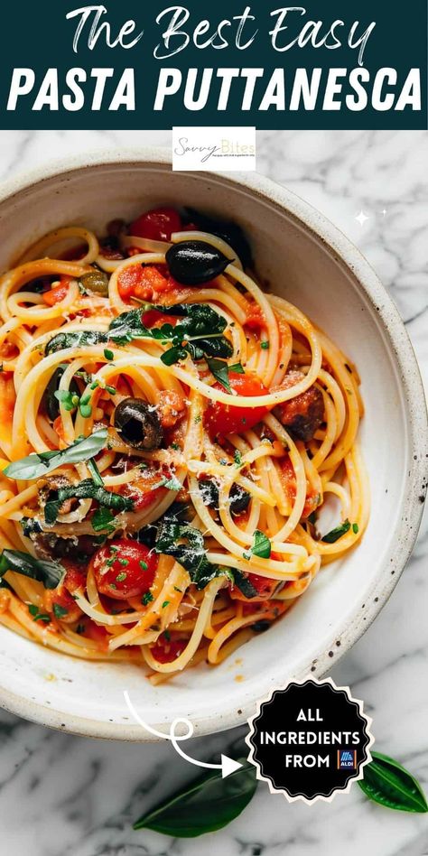 Discover this easy pasta puttanesca recipe—perfect for a quick Mediterranean meal. Made with tomatoes, olives, and capers, this authentic pasta dish is ready in just 30 minutes. Ideal for weeknight dinners! Pasta Puttanesca Recipe Authentic, Recipe With Cherry Tomatoes, Puttanesca Pasta, Pasta Puttanesca Recipe, Puttanesca Recipe, Authentic Pasta, Anchovy Pasta, Pasta With Olives, Creamy Pasta Bake