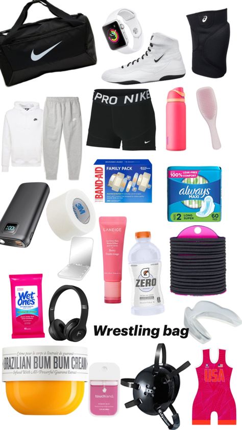 Wrestling Diet, Sporty Girl Aesthetic, Wrestling Workout, Wrestling Outfits, Bag Checklist, Wrestling Gear, Cute Workout Outfits, Wrestling Shoes, Sports Aesthetic