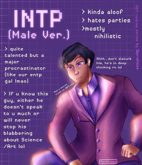 🍀Praky🍀 on Instagram: “💜Mbti types : INTP Redraw (Male ver.)💜 💜So here’s our INTP boi. (drew him cuz I think there aren't many INTP male redraws)…” Male Intp Mbti, Intp Male Personality, Intp Fanart Male, Male Intp, Intp X Infj, Intp Male, Mbti Aesthetic, Explorers Mbti, Intp Relationships