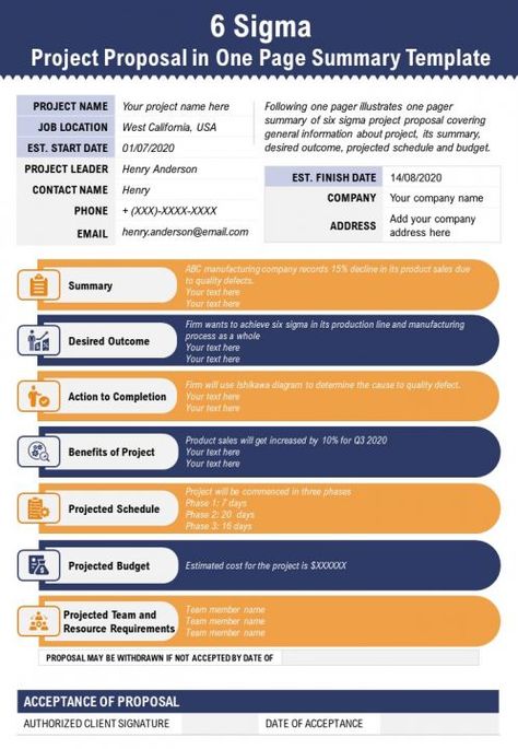 6 Sigma Project Proposal In One Page Summary Template Presentation Report Infographic PPT PDF Document Business Project Proposal Example, Project Brief Template, Project Summary Template, Project Proposal Example, Report Infographic, Project Summary, Project Planning Template, Summary Template, Project Charter