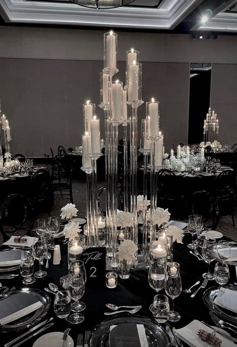 Black Wedding Theme Ideas, Corporate Event Decoration, Black Quinceanera Theme, Black Wedding Theme, Silver Wedding Reception, Black Silver Wedding, Silver Wedding Theme, Gala Decorations, Silver Wedding Decorations