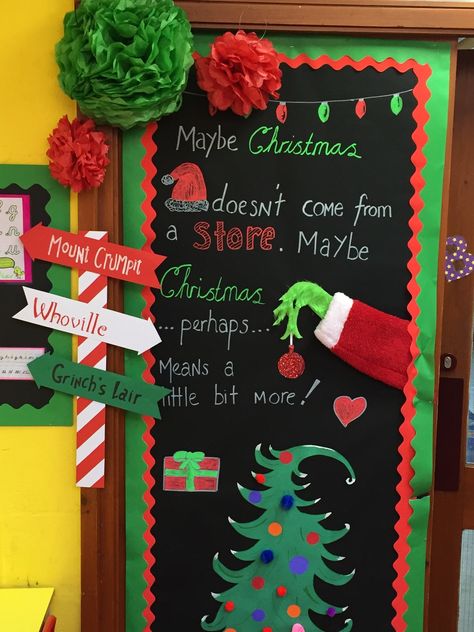 Grinch classroom door display Christmas Door Inspo Classroom, Grinch Door Contest, Door Grinch Decorations, Grinch Christmas Door Decorating Contest, Grinch Christmas Classroom Decorations, Grinch Themed Christmas Classroom Door, Ugly Christmas Sweater Door Decoration, Grinch Theme Classroom Door, Grinch Themed Door