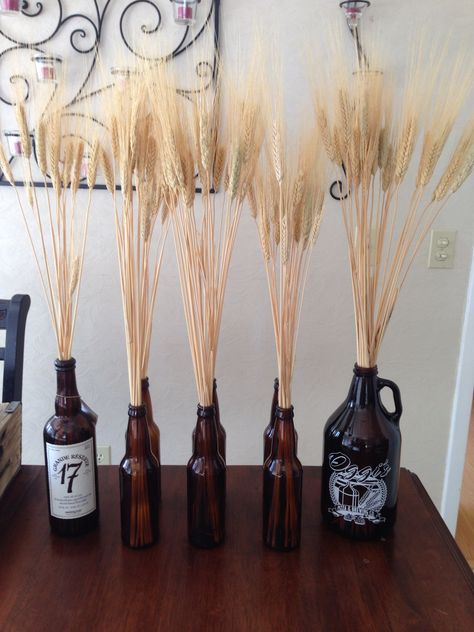 Beer birthday party - dried wheat in empty bottles Beer Themed Party Decorations, Thirsty Thirty, Beer Themed Birthday Party, Oktoberfest Hairstyle, Beer Christmas Gifts, Beer Party Theme, Oktoberfest Party Decorations, Octoberfest Party, German Party