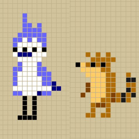 Mordecai and Rigby from The Regular Show perler bead patterns designed by Rosealine_Black Perry The Platypus Pixel Art, Regular Show Perler Beads, Adventure Time Perler Beads, Tiny Perler Bead Patterns, The Regular Show, Mordecai And Rigby, Hama Art, Melt Beads Patterns, Pearl Beads Pattern