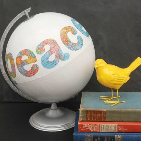 Make an awesome Peace on Earth globe from a thrifted globe. Would be great in silver or red for Christmas too! Globe Diy Projects, Globe Projects, Globe Diy, As The World Turns, Old Globe, Globe Crafts, Painted Globe, Map Crafts, Globe Art