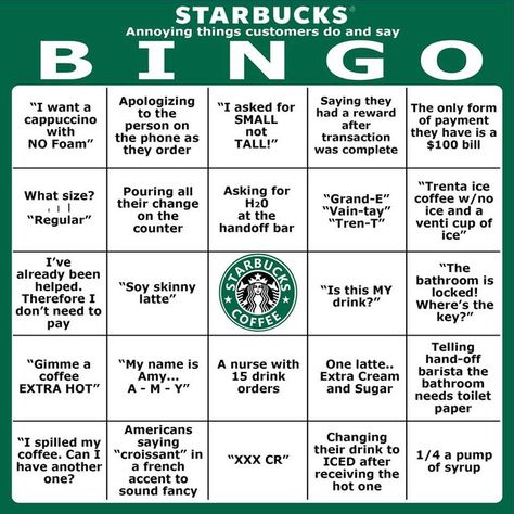 Starbucks Bingo - Annoying Things Customers Do and Say Work Memes Coworkers, Barista Humor, Starbucks Memes, Coworkers Gift Ideas, Barista Problems, Starbucks Birthday Party, Starbucks Crafts, Funny Work Memes, Starbucks Party