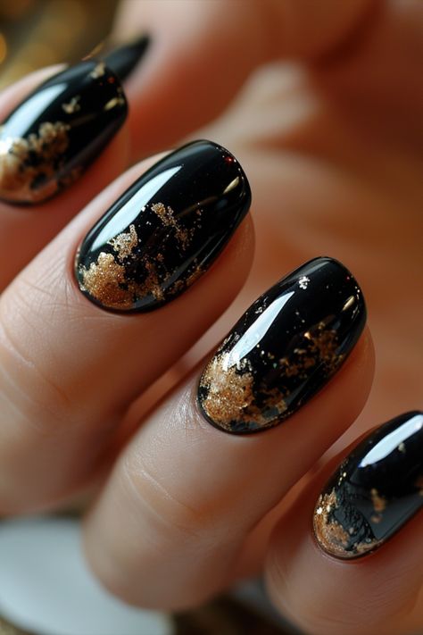 Black Nail Designs 2024 Black Gold Dip Nails, Dark Marble Nail Designs, Dark Natural Nail Designs, Dark Tropical Nails, Moody Wedding Nails For Bride, Short Formal Nails, Masquerade Nails Designs, Black Nail Polish Designs, Dark Nails With Design