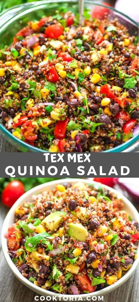 This Mexican-style Quinoa Salad is loaded with black beans, corn, tomatoes, avocados, red onion, and cilantro. Simple, healthy, and incredibly delicious, you’ll want to make it over and over again! FOLLOW Cooktoria for more deliciousness! #quinoa #salad #vegetarian #vegan #lunch #healthy #easyrecipe #recipeoftheday Tex Mex Quinoa, Mexican Quinoa Salad, Quinoa Recipes Easy, Quinoa Recipes Healthy, Food Myths, Black Beans Corn, Mexican Quinoa, Resep Salad, Vegetarian Salad Recipes