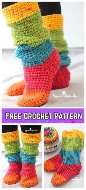 Crochet Women Rainbow Slouchy Slippers Socks Free Crochet Pattern Crocheted Socks, Crochet Sock Pattern Free, Diy Sy, Crochet Socks Pattern, Slippers Crochet, Crochet Women, Poncho Crochet, Crochet Patterns Free Beginner, Crochet Slipper Pattern