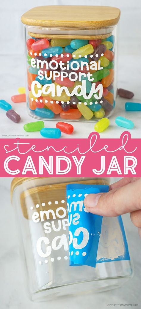 DIY "Emotional Support Candy" Jar #ikonart #ikonartstencils #emotionalsupport #candyjar #diystencils #stencils #screenprint #silkscreen #diysilkscreen @ikonartstencil Lolly Jar Gift Ideas, Candy Jar Svg Free, Cute Candy Jar Sayings, Resell Business, Personalized Candy Jars, Candy Jars Diy, Message Jar, Diy Gifts In A Jar, Lolly Jars