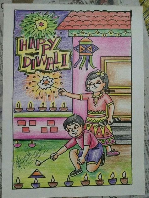 Dipawali Drawings, Diwali Scenery Drawing, Diwali Memory Drawing Watercolor, Dipawali Drawing Ideas, Festival Scene Drawing, Diwali Painting For Kids, Diwali Related Drawings, Kudrati Drasy Drawing, Diwali Drawing Sketch