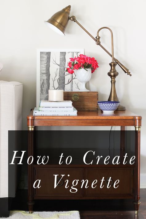 How to Create a Vignette (Tips & Tricks) via DIYontheCheap.com. Film Decor, Vignette Styling, Styling Shelves, Farmhouse Side Table, Cute Dorm Rooms, Farmhouse Decoration, Room Transformation, Up House, Baby Shower Decor