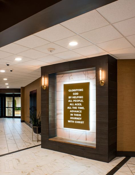 D5-Battlecreek-Midtown-Renovation-6 Church Hallway Decor, Modern Church Interior, Church Design Sanctuary, Church Lobby Design, Church Welcome Center, Transformation Church, Church Wall Decor, Fellowship Hall, Church Foyer