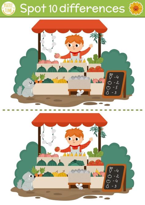 Find differences game for children with boy selling fruit and vegetables on market stall. On the farm educational activity with cute vendor. Farm puzzle for kids. Printable worksheet or page Sdg 5, Farm Puzzle, Birthday Chart, English Time, Vegetable Farming, Kindergarden Activities, Farm Kids, Puzzle For Kids, Hidden Words