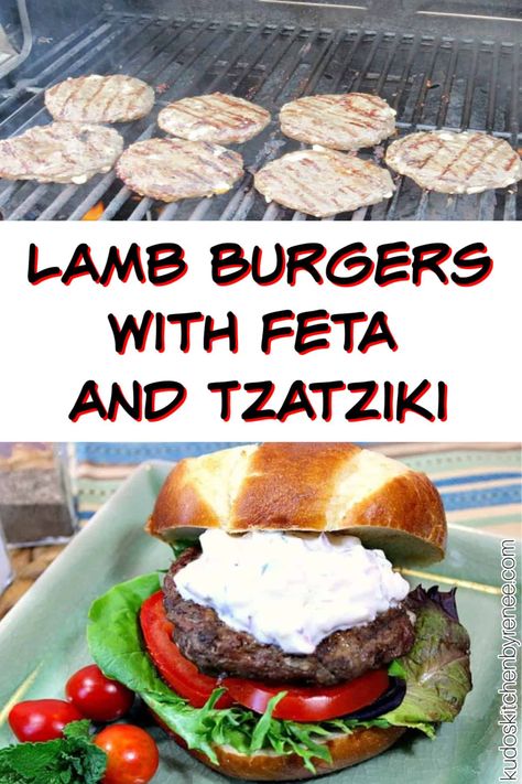 Lamb Burgers with Feta and Tzatziki mimics the big, bold Greek flavors of an authentic gyro sandwich but in burger form! OPA! #burgers #lambburgers #groundlamb #fetacheese #greekburger #greekrecipe #tzatzikisauce #kudoskitchenrecipes Lamb Burgers With Feta, Greek Meat Recipes, Gyro Sandwich, Lamb Burger Recipes, Greek Burger, Lamb Gyros, Greek Cheese, Summertime Salads, Lamb Burgers