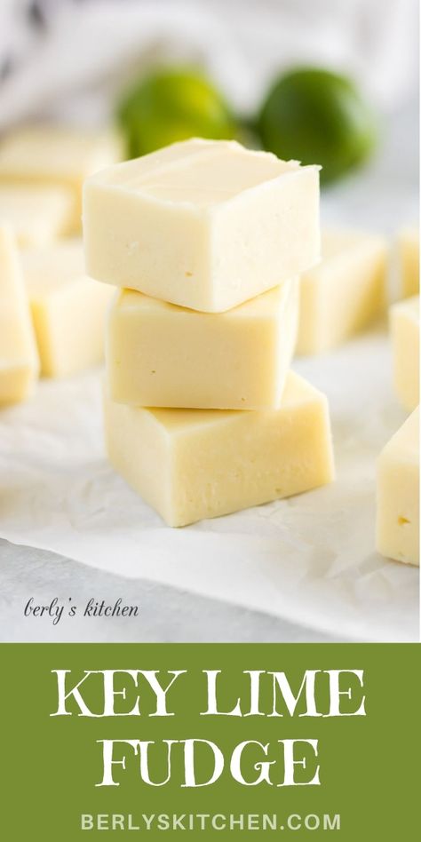 Key Lime Fudge from Berly's Kitchen is the BEST fudge recipe. It's made with REAL key lime juice and white chocolate which gives it a silky smooth texture that soft enough to eat with a spoon. Check out berlyskitchen.com for more easy fudge recipes. Lime Fudge, Key Lime Fudge, Key Lime Recipes, Best Fudge Recipe, Key Lime Desserts, Homemade Fudge Recipes, Lime Desserts, White Chocolate Fudge, Lime Recipes