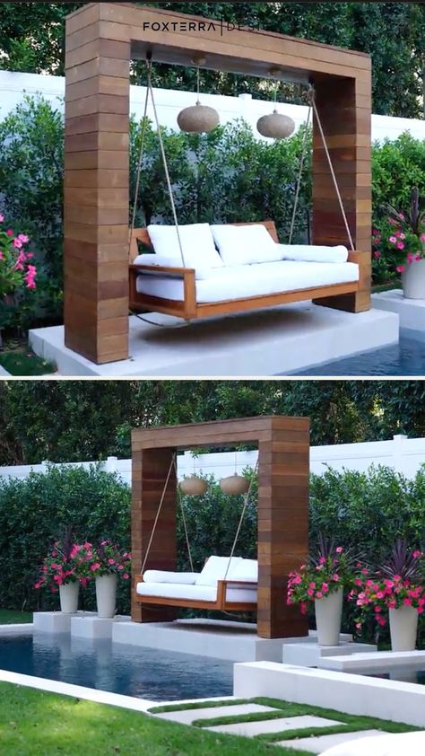 Small Backyard Landscape, Peaceful Backyard, Cocktail Pool, Backyard Landscape Design, Small Backyard Pool, Swing Bed, Backyard Swings, Modern Backyard Landscaping, Backyard Landscape