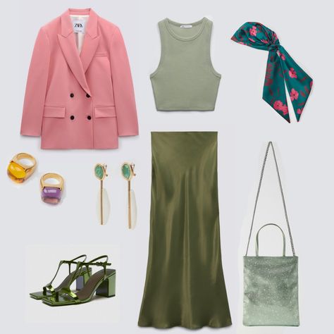 Olive Satin Pants Outfit, Pink Olive Outfit, Olive Green Satin Skirt Outfit, Olive Satin Skirt Outfit, Olive Green And Pink Outfit, Blazer And Satin Skirt, Olive Green Skirt Outfit, Green Satin Skirt Outfit, Green Satin Skirt