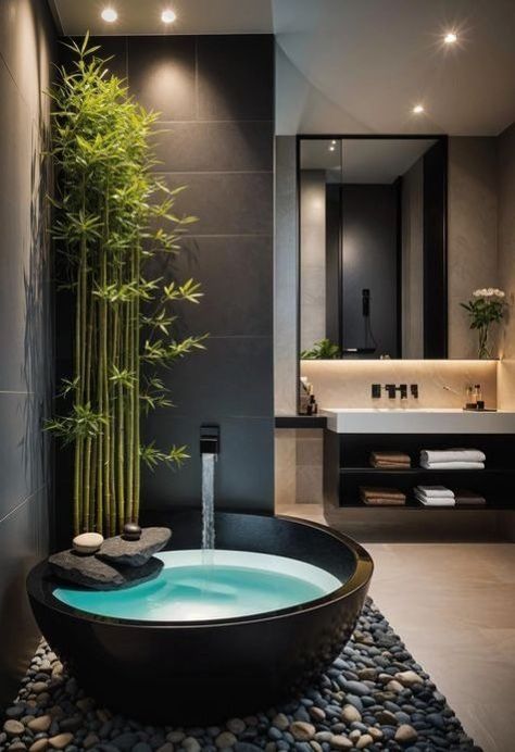 Spa Storage, Retreat Decor, Decoration With Plants, Zen Bathrooms, Modern Zen Bathroom, Bathroom Plants Decor, Asian Bathroom, Showroom Ideas, Japanese Bathroom