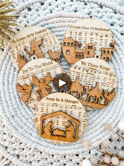 Chicpresent Christian Crafts To Sell, Religious Christmas Crafts, Christmas Library, Sheet Music Ornaments, Wooden Nativity, Christmas Bazaar, Religious Ornaments, Music Ornaments, Christian Ornaments