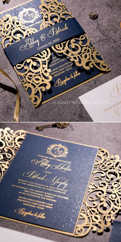 Navy Gold Wedding Invitations, Gold Laser Cut, Color Inspiration Boards, Foil Prints, Unique Wedding Cards, Metallic Wedding, Indian Wedding Invitation Cards, Classic Invitation, Creative Wedding Invitations