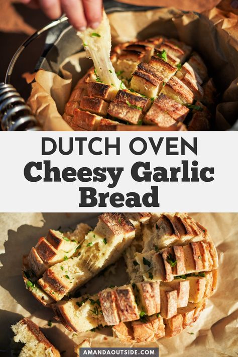 Dutch Oven Cheesy Pull Apart Garlic Bread — Amanda Outside Dutch Oven Garlic Bread, Oven Garlic Bread, Cheesy Pull Apart Garlic Bread, Oven Garlic, Glamping Recipes, Easy Dutch Oven Recipes, Dutch Oven Recipes Cast Iron, Dutch Oven Camping Recipes, Pull Apart Garlic Bread