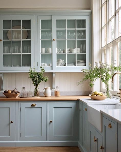 Interior • Instagram Robin Egg Blue Cabinets, Kitchen Design Colourful, Blue Cabinets Kitchen Backsplash, Kitchen Design Light Colors, Muted Blue Cabinets Kitchen, Soft Kitchen Colors, Light Blue Cottage Kitchen, Light Blue Shaker Kitchen, Duck Egg Kitchen Cabinets