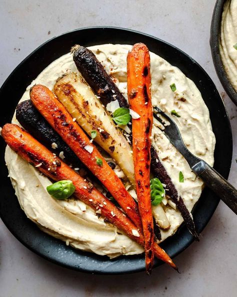 Miso Roasted Carrots with Hummus Carrots With Hummus, Carrots And Hummus, Hummus Brands, Carrot Recipe, Roasted Rainbow Carrots, Fluffy Bed, Chinese Kool, Sweet Potato Hummus, Miso Glaze