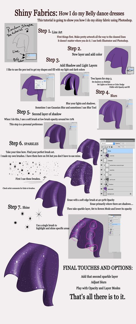 How I do shiny fabric! - This tutorial is for anyone who was ever curious about how I draw and color sparkly fabric for my illustrations. Glittery goodness! How To Draw Shiny Clothes, How To Draw Sparkly Clothes, Digital Fashion Illustration Tutorial, Skirt Coloring Tutorial, How To Draw Sequins, Shiny Clothes Drawing Tutorial, Fabric Texture Drawing Tutorial, How To Draw Fur Coat, How To Draw Holographic Fabric