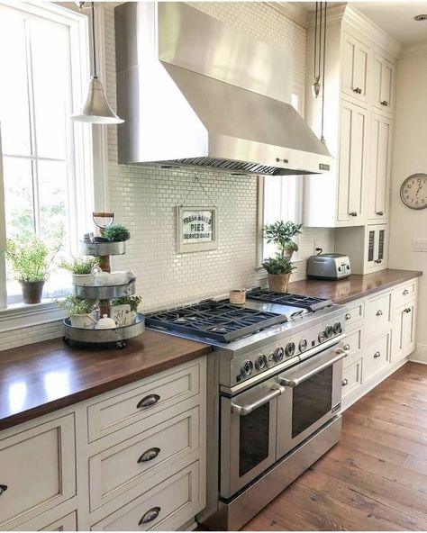 Love love love Kitchen Cream Cabinets, Kitchen Cream, Kitchen Butcher Block, Cream Kitchen Cabinets, Antique Kitchen Cabinets, Cream Cabinets, Simple Farmhouse, Rustic Cabinets, Cottage Kitchens