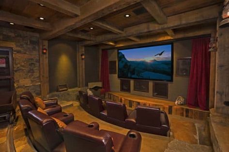 Breathtaking rustic retreat with postcard views of the Bridger Mountains Small Home Theater, Home Theater Lighting, Basement Home Theater, Media Room Design, Best Home Theater, Home Theater Setup, At Home Movie Theater, Home Theater Speakers, Rustic Retreat