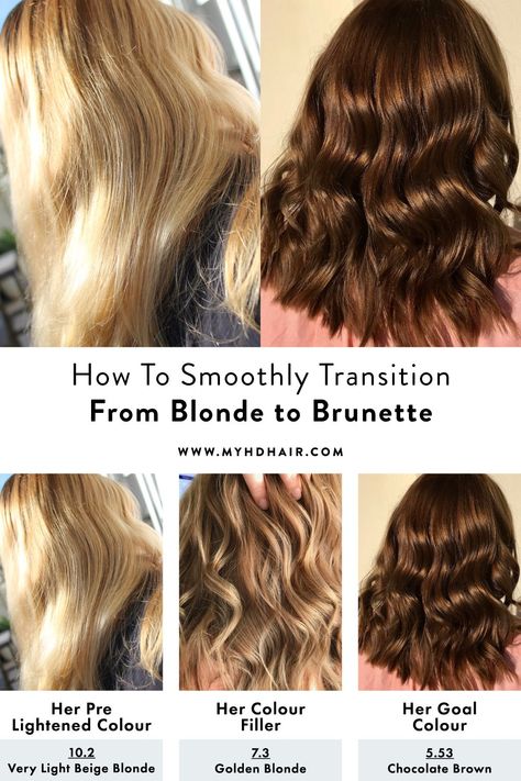 How To Smoothly Transition From Blonde to Brunette Dark Brown To Blonde Transition, Transition To Brunette From Blonde, Transition Blonde To Brunette, How To Transition From Blonde To Brunette, From Brown To Blonde Hair Transition, Blonde To Brown Hair Transition, How To Go From Blonde To Brunette, How To Go Darker From Blonde, Going Blonde To Brunette