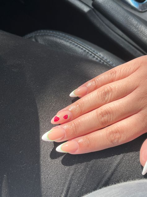 French Tip With Strawberry, Nails With Strawberry Design, French Tip Strawberry Nails, Strawberry French Nails, Strawberry Nails Acrylic Almond, Almond Nails Strawberry, Red French Tip Nails Strawberry, French Tip With Strawberries Nails, Simple Strawberry Nails