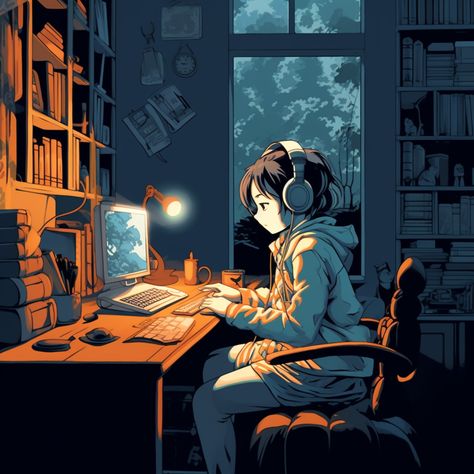 Night Study Aesthetic Anime, Anime Using Computer, Studying Girl Cartoon, Night Room Drawing, Anime Headphones Aesthetic, Night Room Illustration, Girl Studying Illustration, Study Room Drawing, Manga Studying