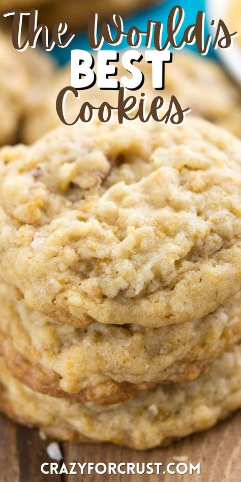 These are seriously the WORLD'S BEST COOKIES! That's their name - a crunchy but soft cornflake cookie filled with oats, pecans and coconut! Worlds Best Cookies, Cornflake Cookies, Coconut Dessert, Nut Cookies, Best Cookies, Best Cookie Recipes, Candy Cookies, Worlds Best, Yummy Sweets