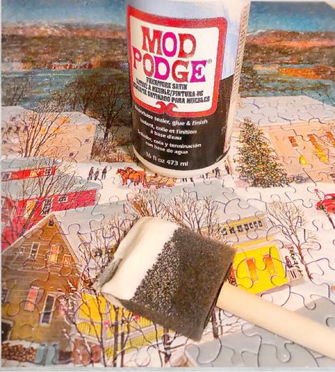 how to glue a jigsaw puzzle together with Mod Podge and a foam craft brush. Shown is a jigsaw puzzle of Stowe, Vermont How To Seal A Puzzle, How To Glue A Puzzle Together, Gluing A Puzzle Together, Puzzle Frame, Stowe Vermont, Diy Puzzles, Christmas Puzzle, Modge Podge, Shape Puzzles