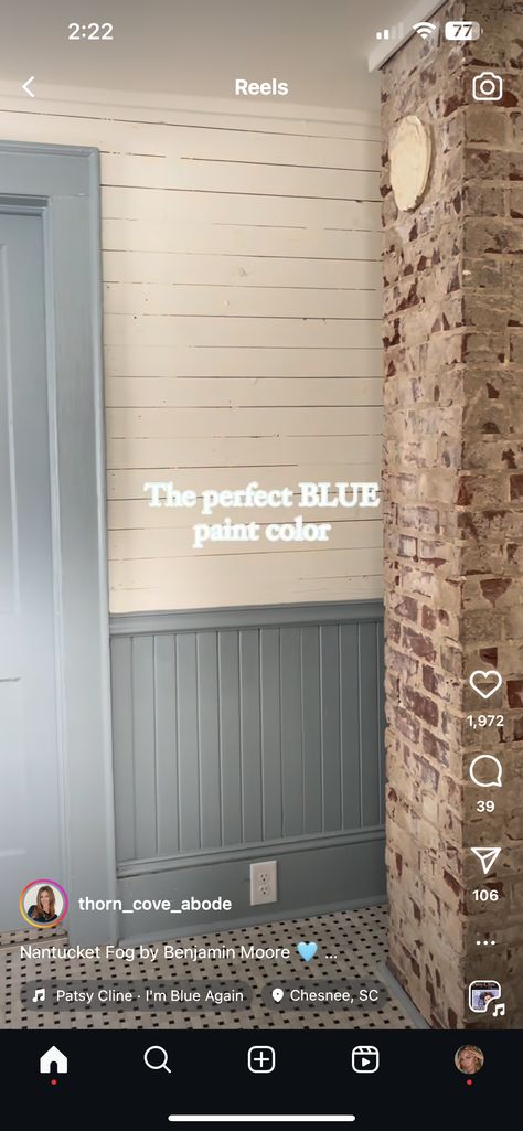 Lead Gray Benjamin Moore, Dusty Blue Interior Paint, Dusty Blue Sherwin Williams, Benjamin Moore Dusty Cornflower, Bm Dusty Cornflower, Master Bath Paint Ideas, Dusty Cornflower Benjamin Moore, Dusty Blue Paint Color, Muted Blue Paint